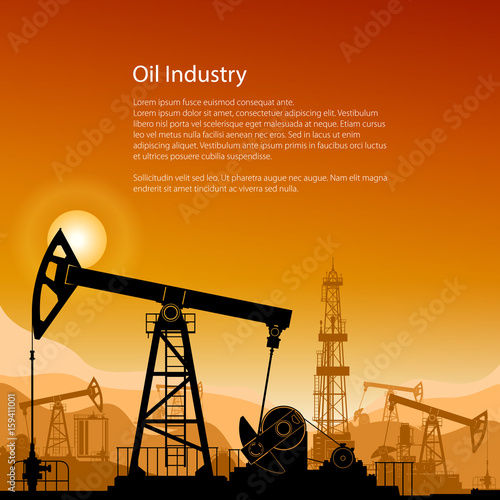 Silhouette Pumpjack or Oil Pump on a Background of Mountains at Sunset, Flyer Petroleum Industry , in the Background Working Oil Pumps and Drilling Rig, Poster Brochure Design, Vector Illustration