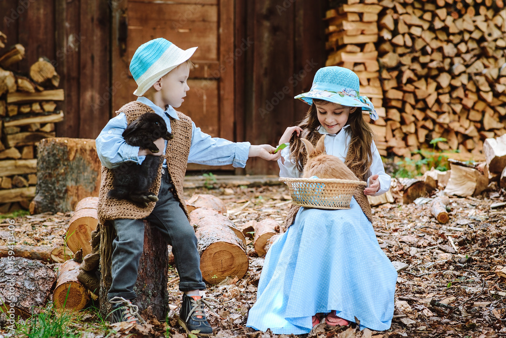 Obraz premium little boy and girl playing with rabbit in village