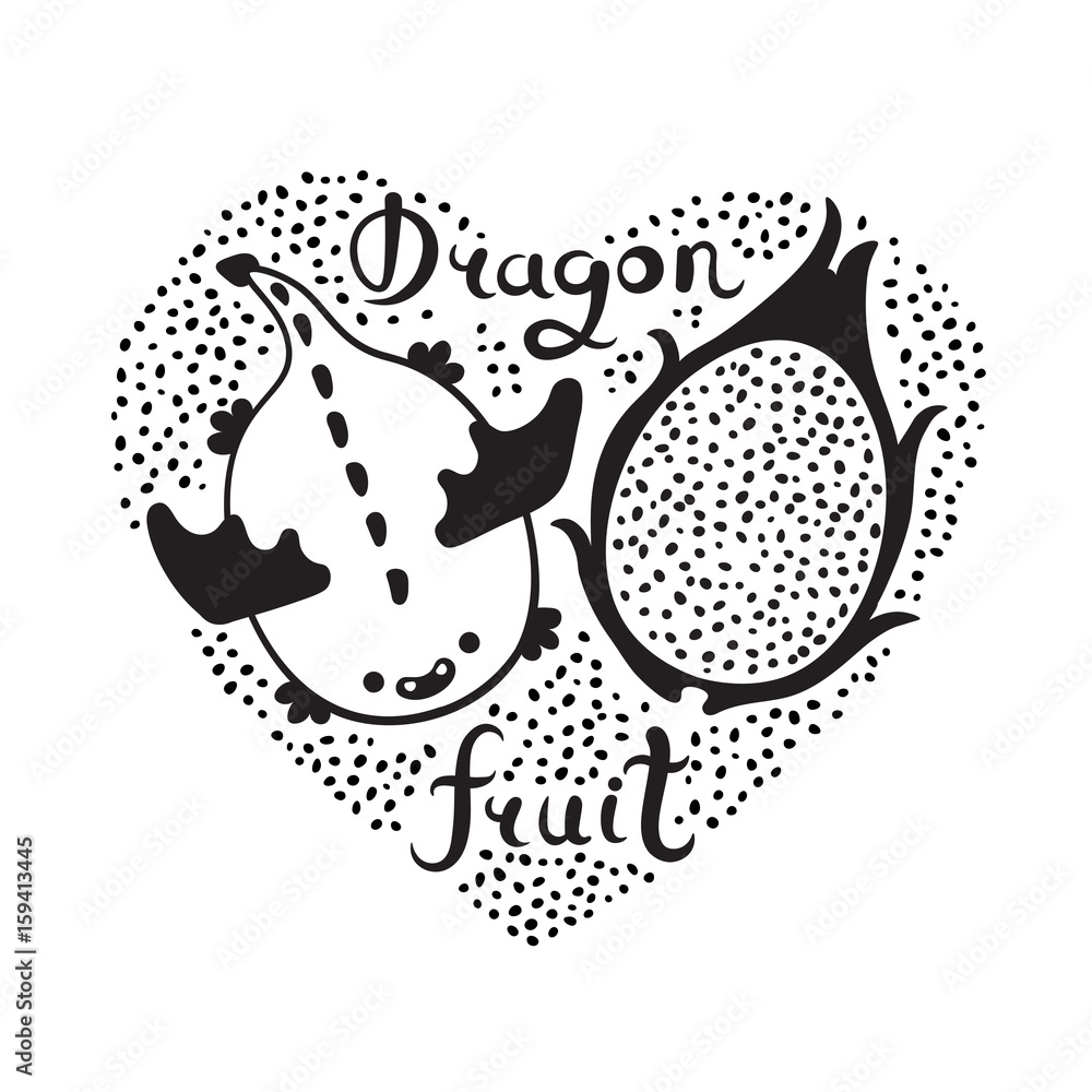 Print with heart and dragon fruit. Vegan food. Summer cute vector illustration Print with heart and dragon fruit. Vegan food. Summer cute vector illustration