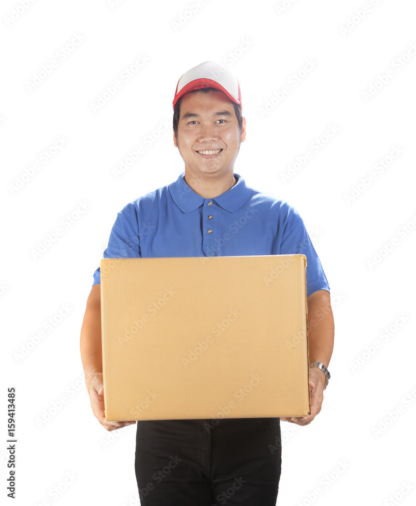 portrait of asian delivery man holding container box smiling face good service mind isolated white background portrait of asian delivery man holding container box smiling face good service mind isolated white background