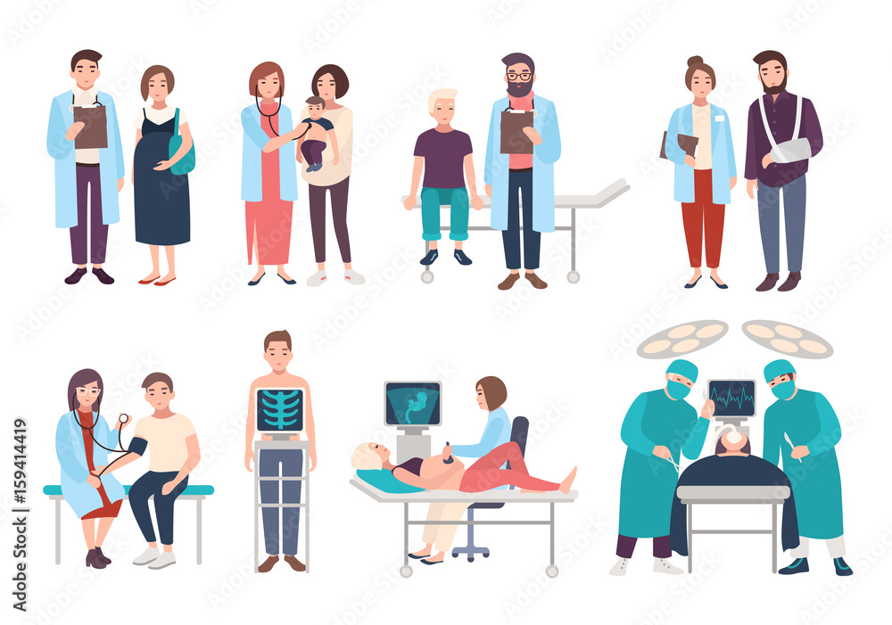 Set of doctors and patients in polyclinic, hospital. Visit to therapist, pediatrician, gynecologist, surgeon. medical services ultrasound diagnostics, x-ray, surgery. Vector cartoon illustrations.