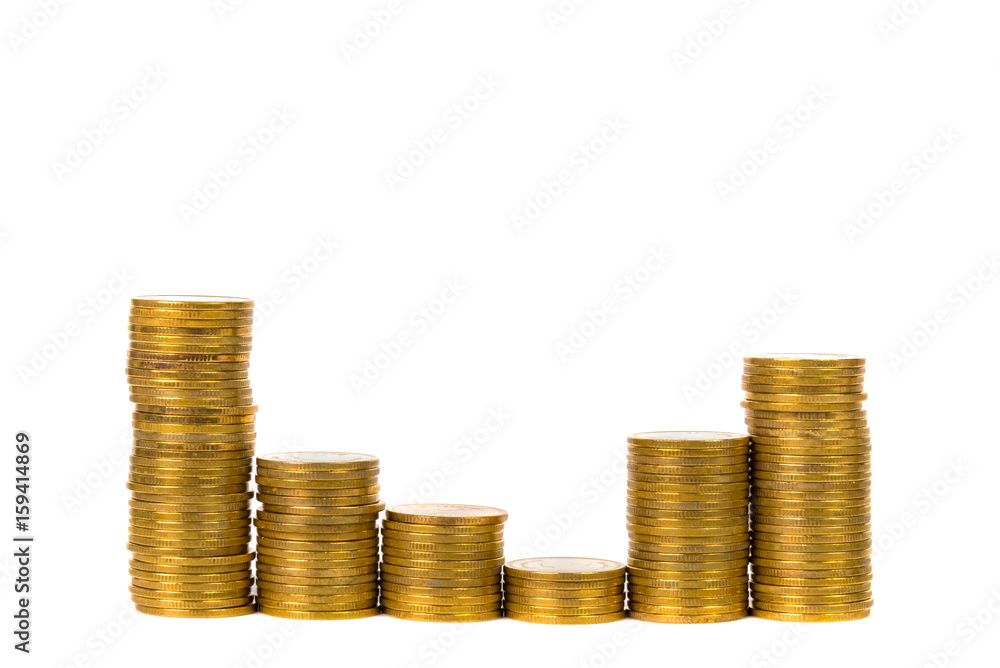 Columns of gold coins, piles of coins on white background Columns of gold coins, piles of coins on white background