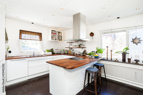 fancy kitchen interior with dark wooden floor 