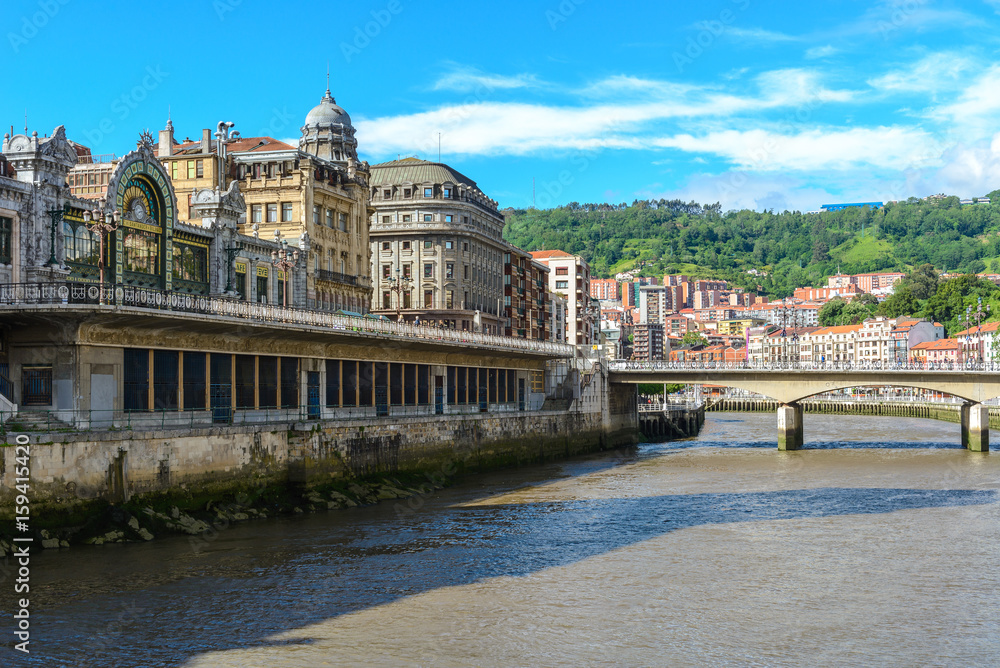 Nervion river and Abando railway station, Bilbao, Spain