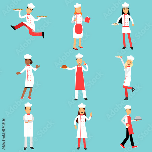 Chief cooks and bakers at work set. Professional kitchen staff Illustrations