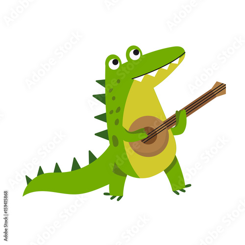 Cute cartoon crocodile character playing guitar vector Illustration