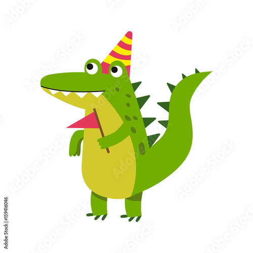 Cute cartoon crocodile character wearing party hat standing and holding pennant vector Illustration © Happypictures
