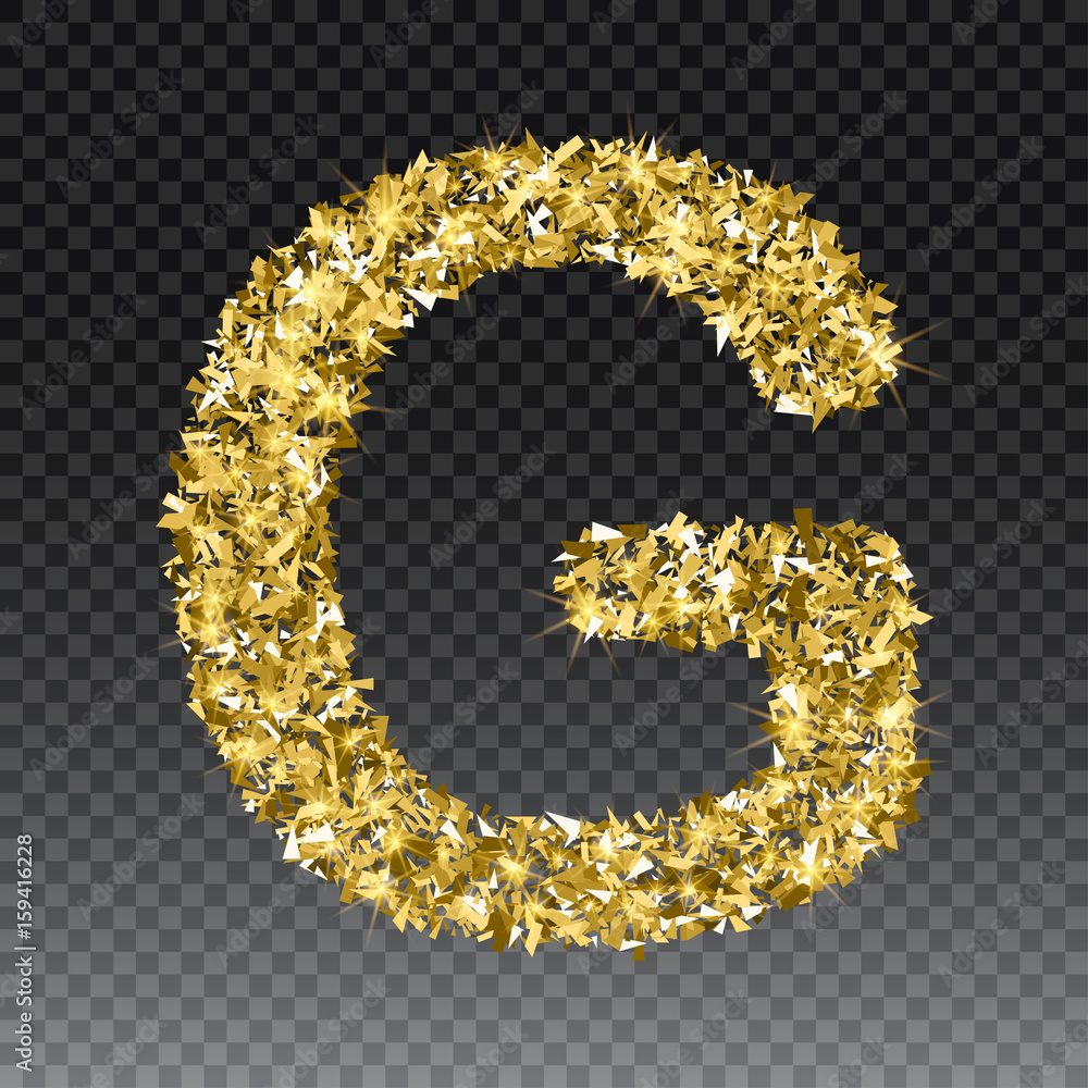 Gold glittering letter G. Vector shining golden font lettering of