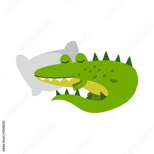 Cute cartoon crocodile character sleeping on a pillow vector Illustration