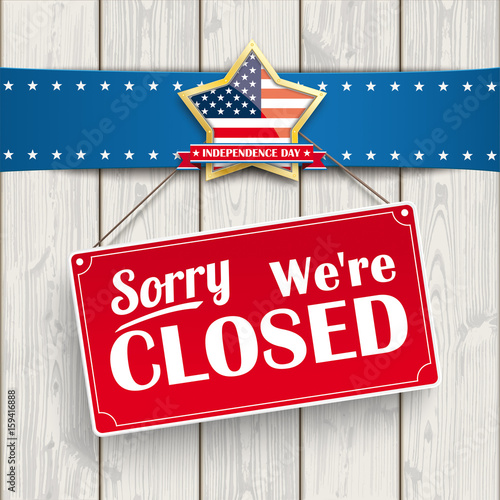 Independence Day Sign Closed Wood Golden Star
