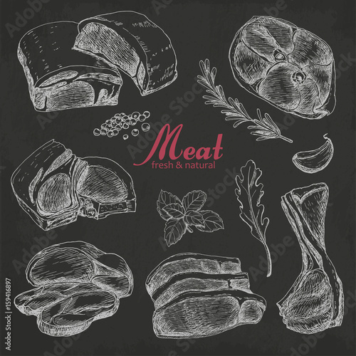 Set of hand drawn meat isolated on black background