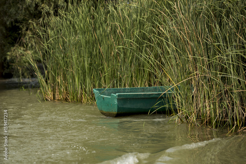 Old boat abandoned in Danube Delta area  Romania  photographed in a sunny summer day