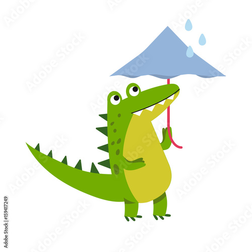 Funny cartoon crocodile character walking with umbrella vector Illustration