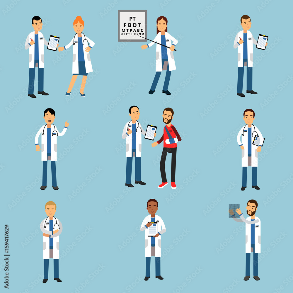Practitioner young doctors set, hospital medical staff detailed colorful Illustrations