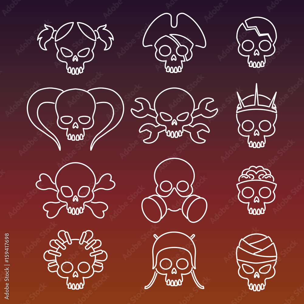 Cute linear skulls icons collection on dark color background. Vector illustration