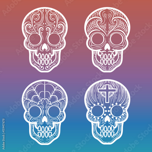 Calavera or mexican decortive skull on colorful background, vector illustration