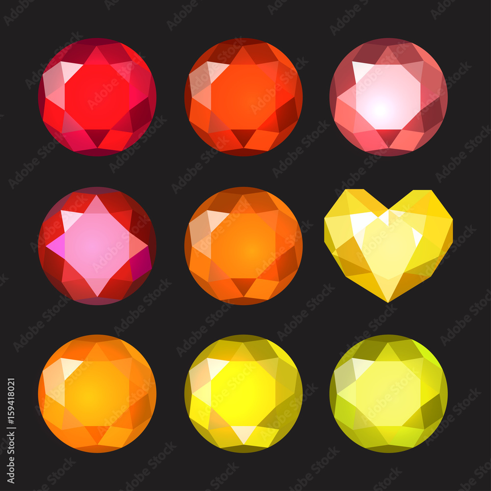 Set of cartoon different color crystals, gemstones, gems, diamonds vector. Vector image on black background. Set of cartoon different color crystals, gemstones, gems, diamonds vector. Vector image on black background.