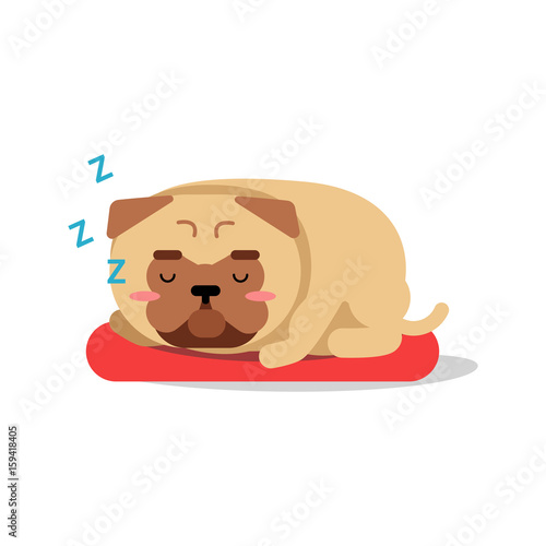 Cute cartoon pug dog character sleeping on red mat vector Illustration