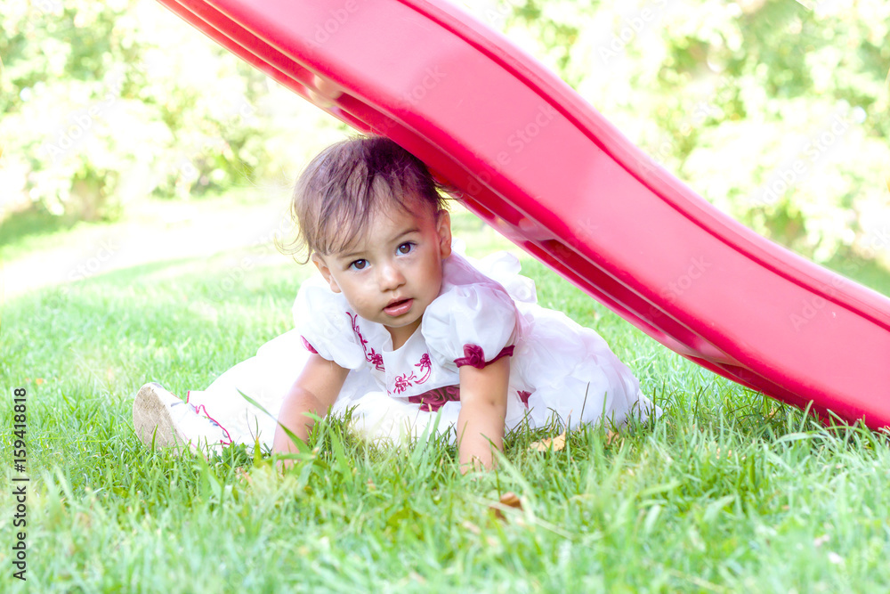little cute girl in beautiful dress sitting on the grass and viewed the flower little cute girl in beautiful dress sitting on the grass and viewed the flower