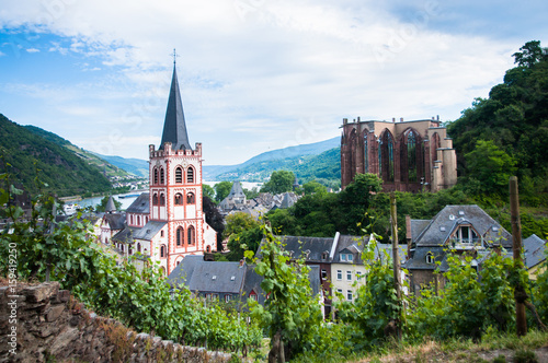 Weingarten am Rand von Bacharach mit Panorama auf die Stadt und den Rhein mit Wernerkapelle und Kirche St. Peter