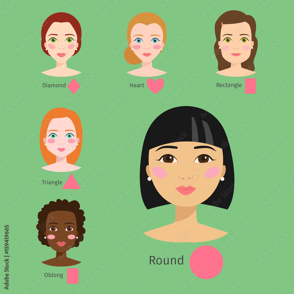 Obraz premium Set of different woman face types vector illustration character shapes girl makeup beautiful female