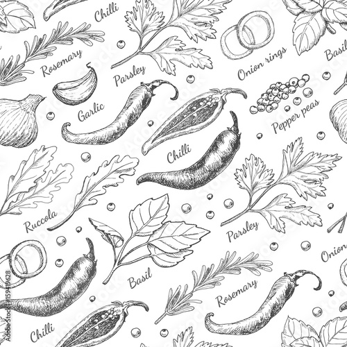 Seamless pattern with different spices