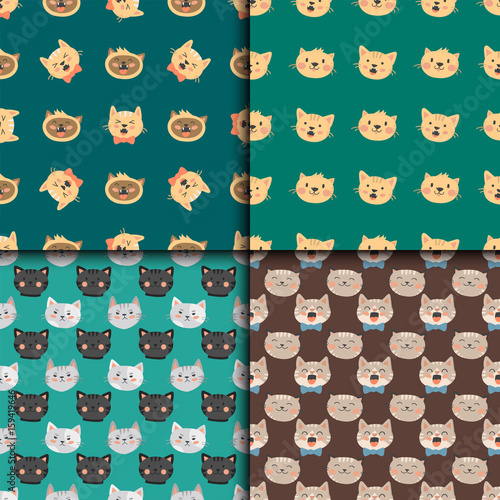 Cats heads vector illustration cute animal funny seamless pattern characters ...