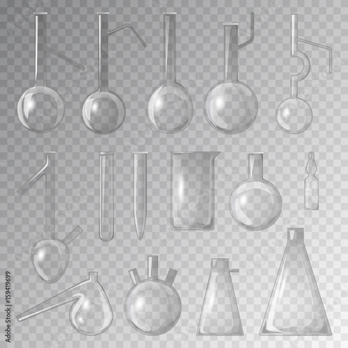 Chemical laboratory 3d realistic lab glass flask glassware tube liquid analysis medical equipment vector illustration.