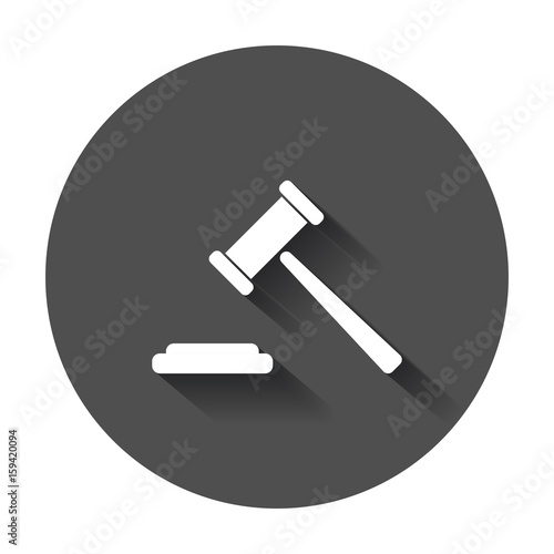 Auction hammer vector icon. Court tribunal flat icon with long shadow.