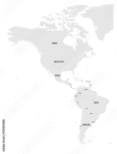 Political map of Americas in grey on white background. North and South America with country labels. Simple flat vector illustration.