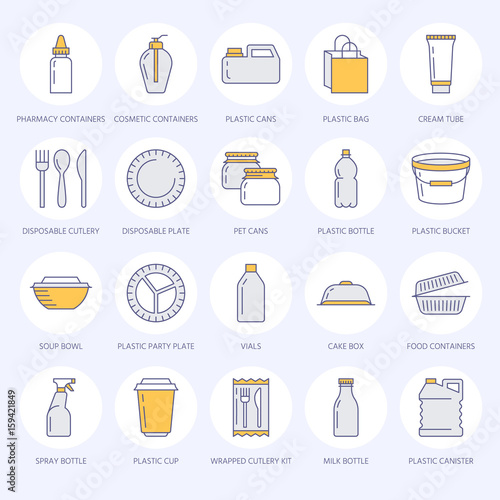 Plastic packaging, disposable tableware line icons. Product packs, container, bottle, packet, canister, plates and cutlery. Container thin linear signs for shop or synthetic material goods production.