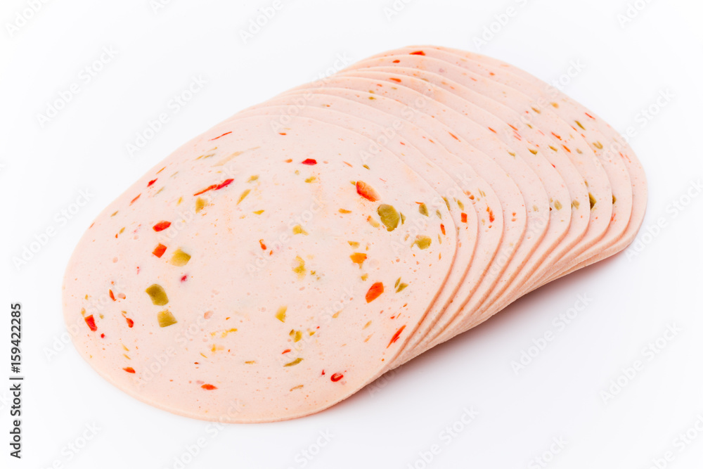 Sliced boiled ham sausage isolated on white background, top view. Sliced boiled ham sausage isolated on white background, top view.