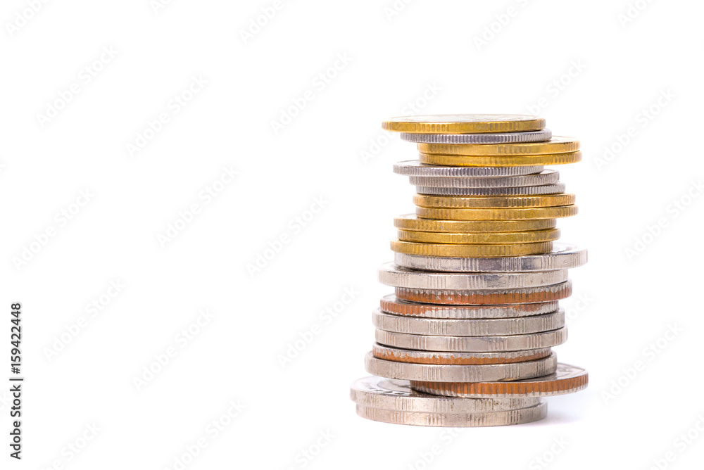 Columns of coins, piles of coins on white background Columns of coins, piles of coins on white background