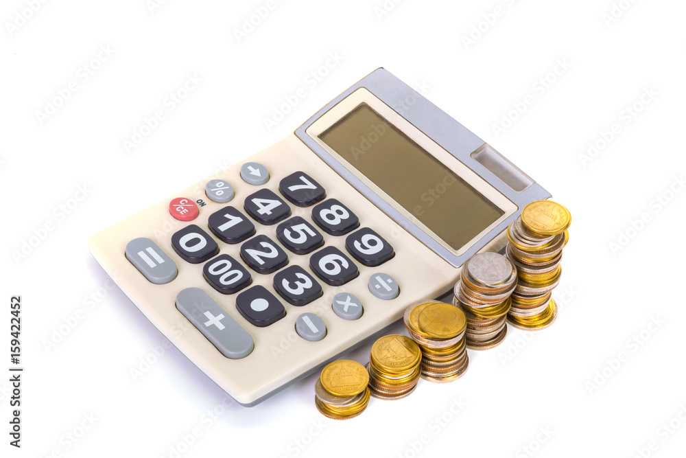 Increasing columns of coins, piles of coins arranged as a graph and calculator on white background Increasing columns of coins, piles of coins arranged as a graph and calculator on white background