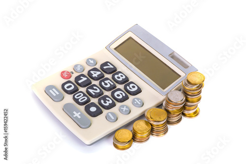 Increasing columns of coins, piles of coins arranged as a graph and calculator on white background