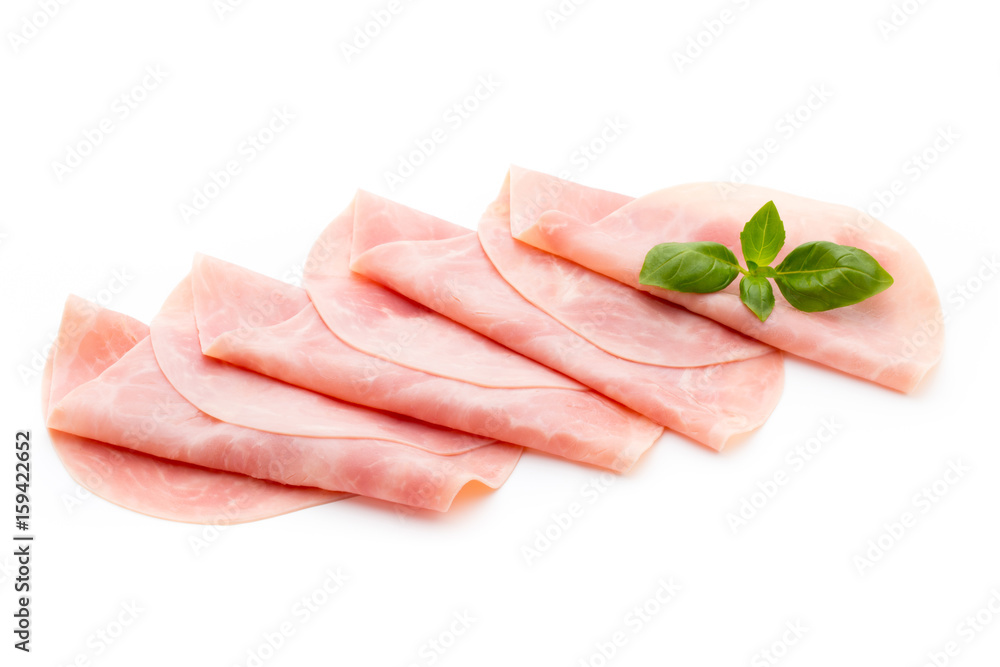 Thin slices of ham on white background. Thin slices of ham on white background.
