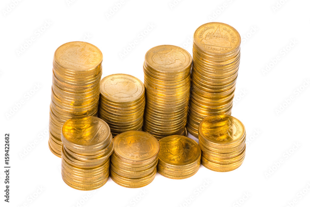 Columns of gold coins, piles of coins on white background Columns of gold coins, piles of coins on white background