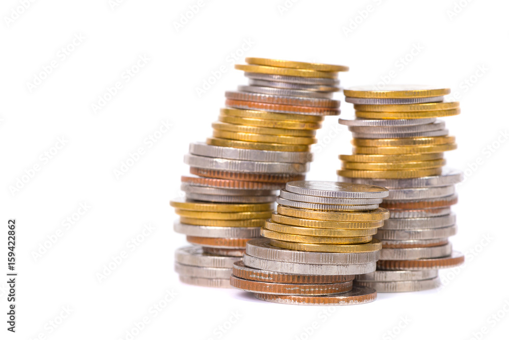 Columns of coins, piles of coins on white background Columns of coins, piles of coins on white background