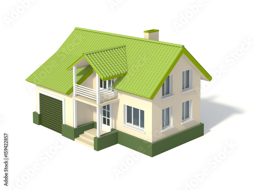 Two story house with a green roof and garage