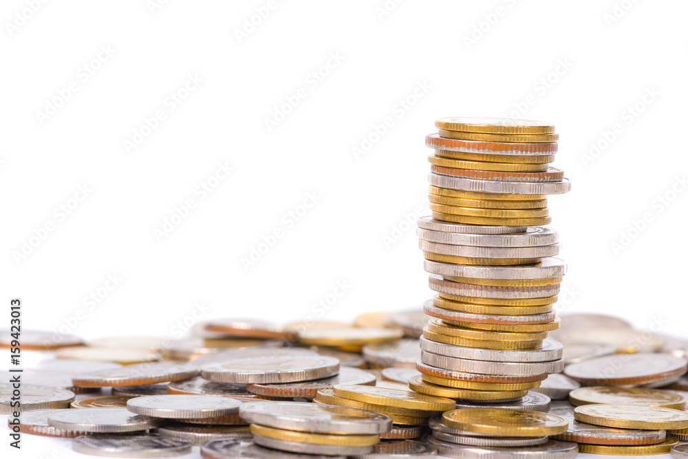 Columns of coins, piles of coins on white background Columns of coins, piles of coins on white background