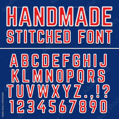 Handmade embroidered vector font alphabet. Stitched letters for fabric decoration