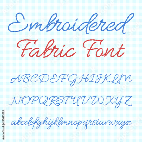 Embroidered fabric font with calligraphic letters. Vector thread alphabet
