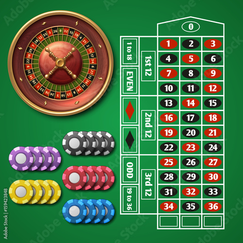 Online casino roulette and gambling table with chips vector set