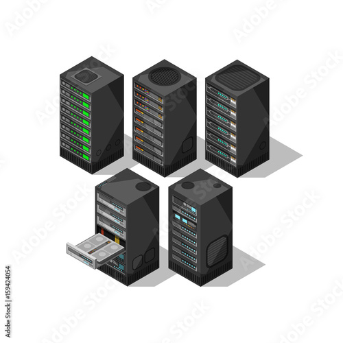 Hardware isometric equipment. 3d telecommunication server. Data center storage room objects. Computer database towers vector set