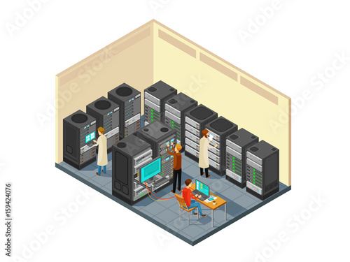 Computer hardware in network server room with staff. Isometric security center vector illustration