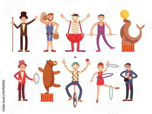 Circus artists cartoon characters vector set. Acrobat and strongman, magician, clown, trained animals