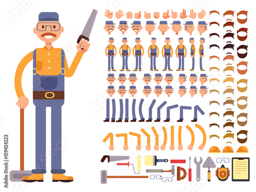 Cartoon man construction worker in jumpsuit vector character with big set of body parts. Creation constructor of different poses