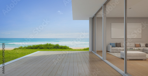 Obraz na plátně Sea view Living room with empty terrace in modern luxury beach house, Vacation h