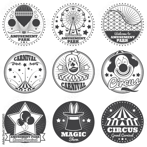 Amusement park, circus and carnival vector vintage emblems and labels