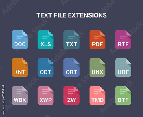 Text file extensions. Flat colored vector icons